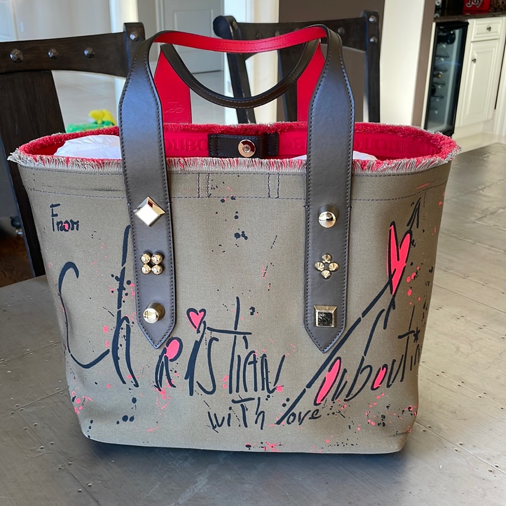 Christian louboutin khaki green graffiti signature frangibus tote shopper bag